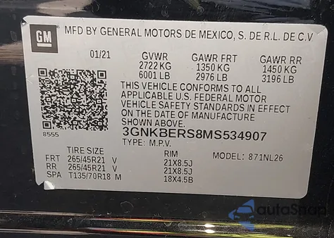 2021 Chevrolet Blazer Fwd Rs from USA, damaged, VIN 3GNKBERS8MS534907